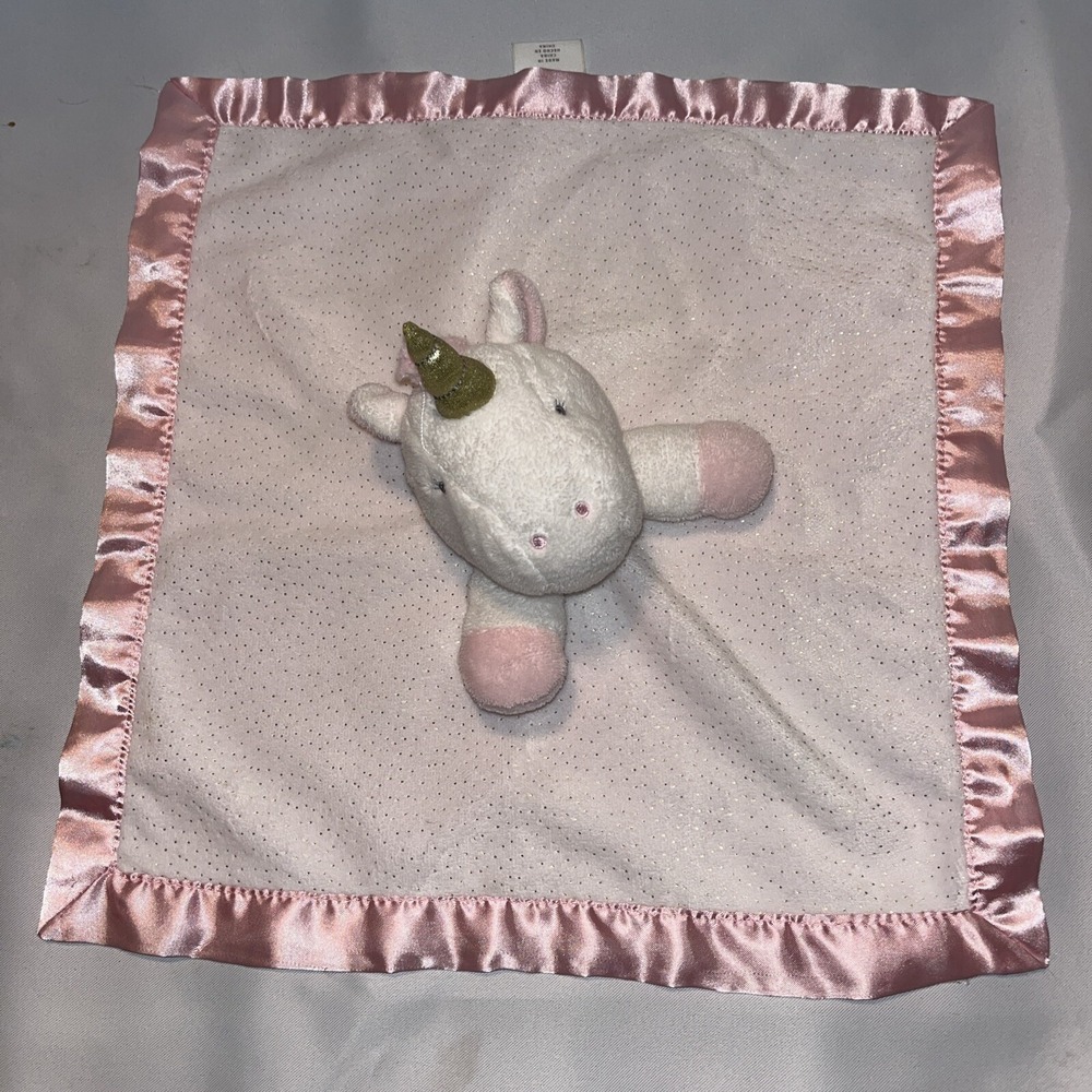 Cloud Island White Unicorn Baby Security Blanket Pink Satin Trim Small Lovey